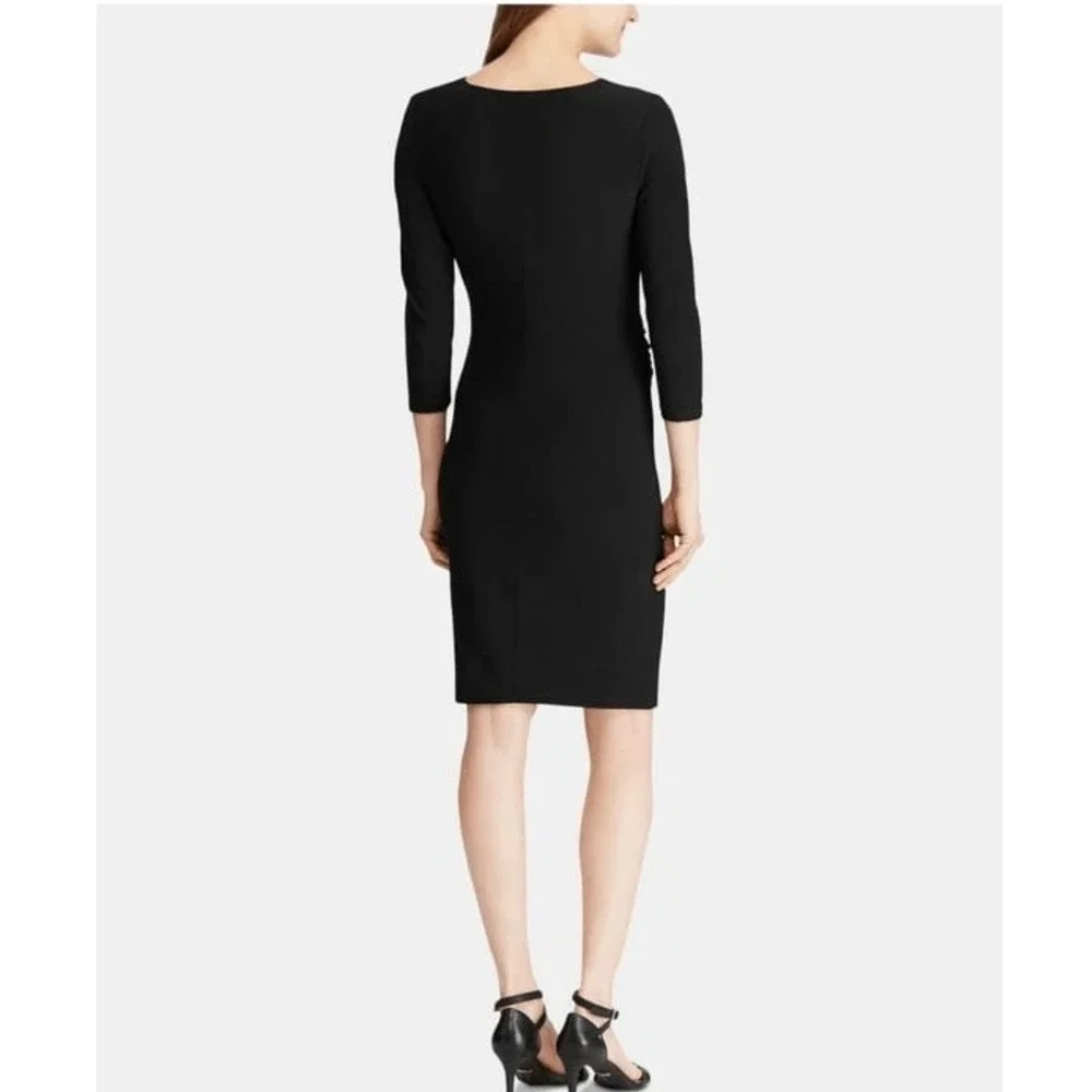 Lauren Ralph Lauren Black Faux Wrap Ruched Sheath Dress 3/4 Sleeve Size 4 NEW - Picture 2 of 9